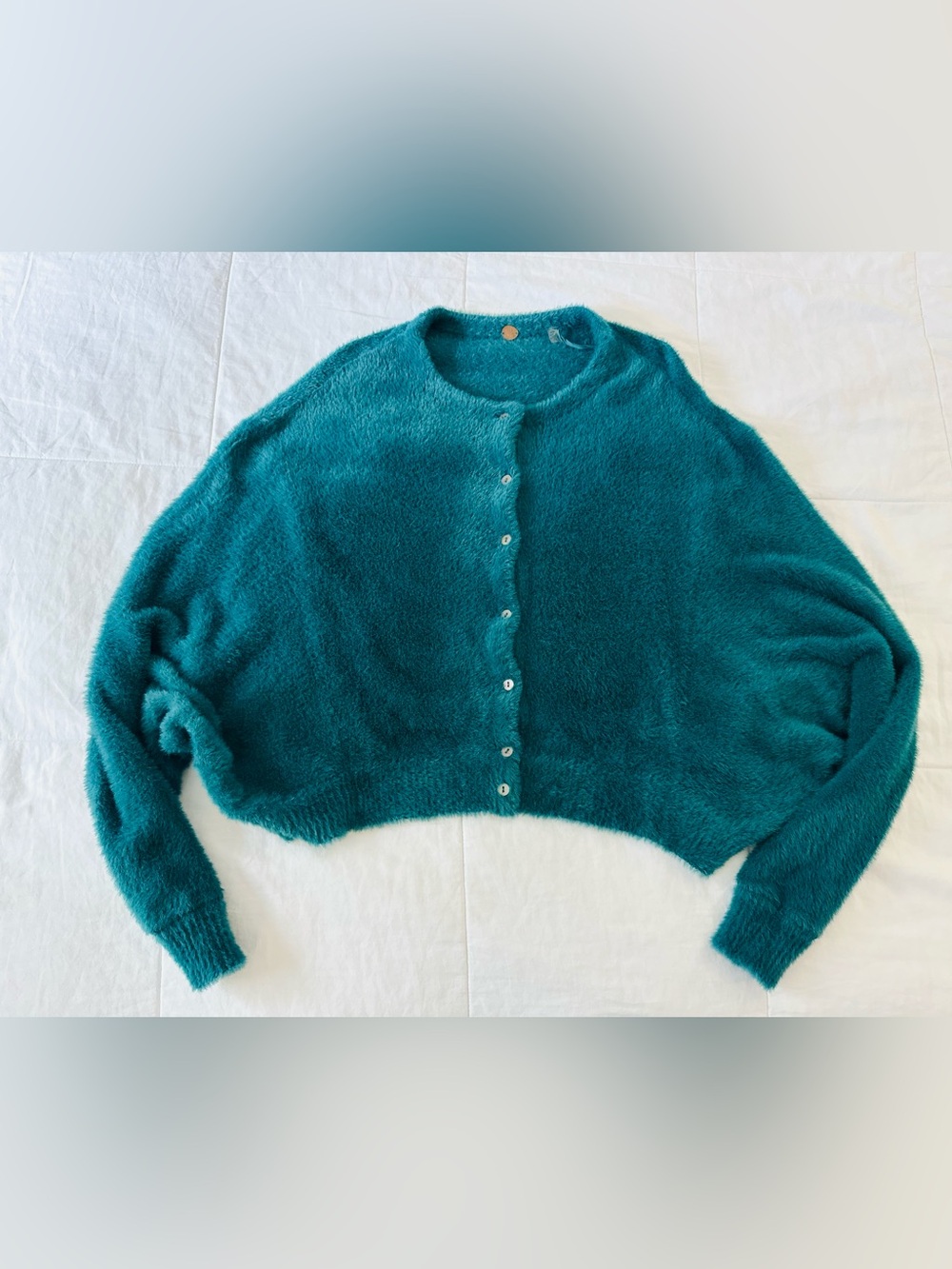 FREE PEOPLE Sz M FP ONE WYATT CARDI SOFT FUZZY BUTTON FRONT CARDIGAN TEAL - Picture 4 of 13